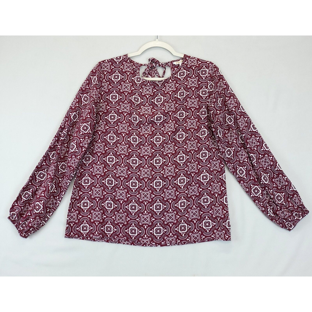 All For Color Blouse Women L Pleasant Long Sleeve Back Neck‎ Tie Burgundy White